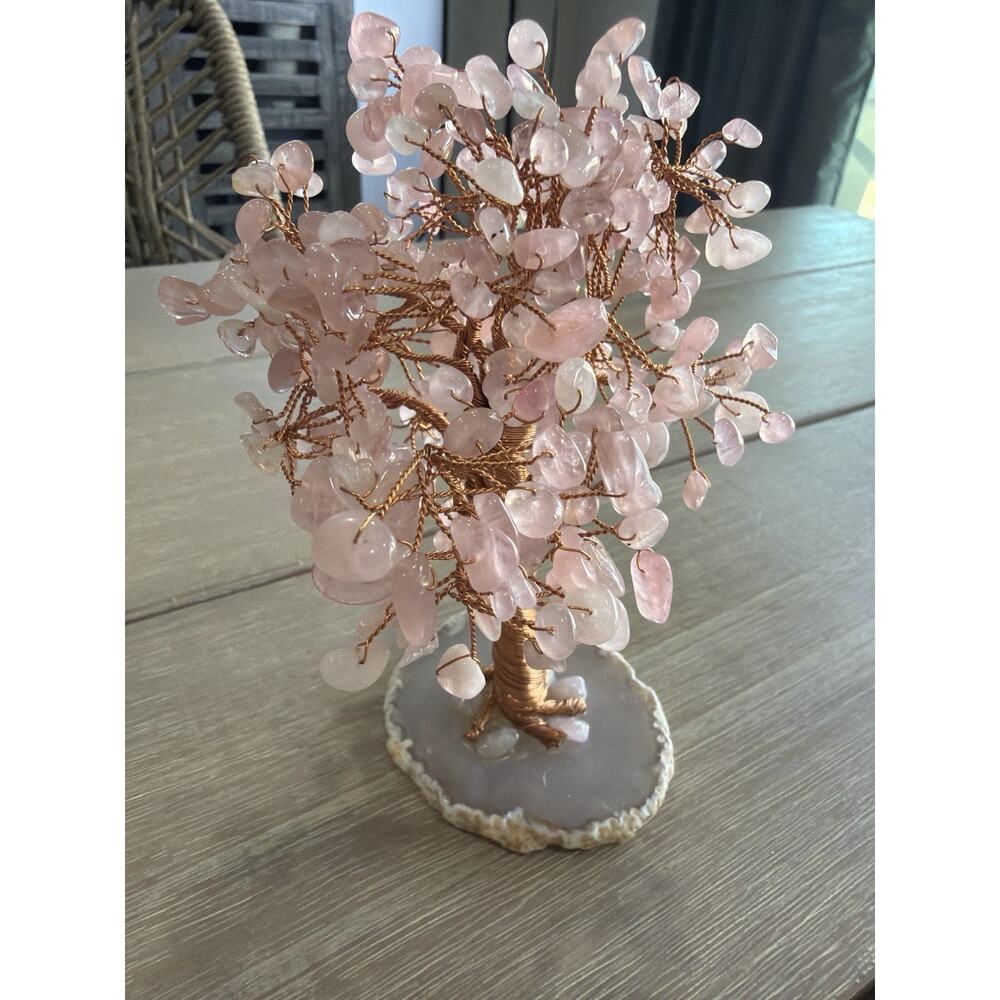 Rose Quartz Bonsai Tree Of Life Cooper Wire Trunk Agate Base Spiritual Feng Shui